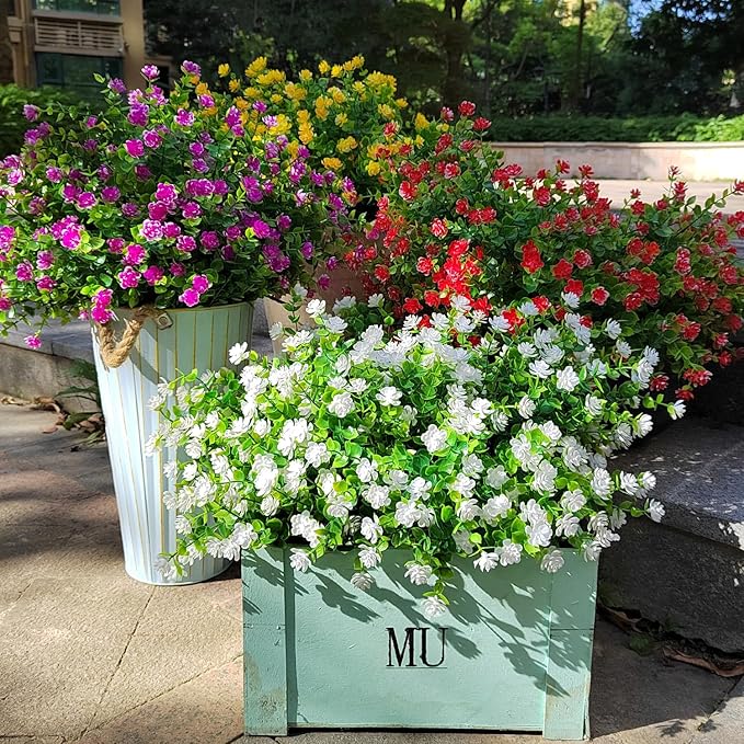 Grunyia 12 Bundles Artificial Flowers for Outdoors, UV Resistant Fake Flowers with Plastic Plants, Faux Flowers for Outside Window Box Front Porch Hanging Planter Decor (White)
