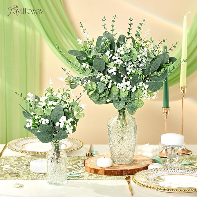 110 PCS 4 Kinds Mixed Artificial Greenery Stems,Baby Breath Flowers Artificial Bulk with Fake Eucalyptus Stems for Wedding Vase Bouquet Home Floral Decor