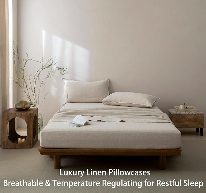 Talasily 100% French Linen Pillow Case Queen Size Set of 2,Oeko-TEX Certified Stone Washed Flax Pillow Shams with Envelope Closure - Breathable & Cooling for Hot Sleepers（Natural Linen,20''x30''）