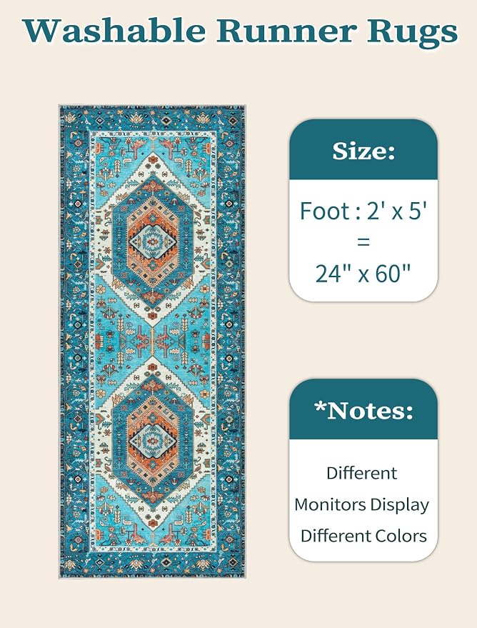 SERISSA Boho Washable Runner Rug, 2x5 Rug Runner Non-Slip Vintage Blue Hallway Kitchen Runner Rug Ultra Soft Print Distressed Tribal Floor Carpet Runner for Bedroom Bathroom Laundry Living Room