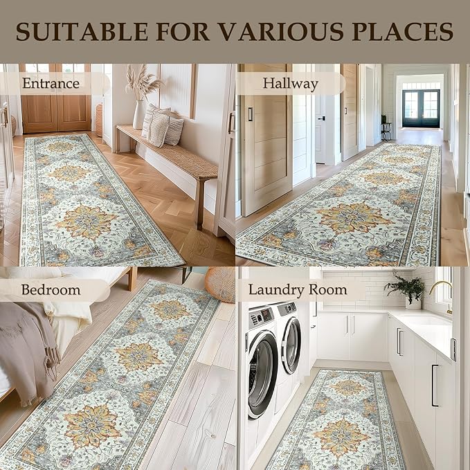 RELEANY Area Rugs 2'x8' Runner Rug Non Slip Washable for Kitchen Hallway Bedroom Beside Laundry Room Bathroom Rug, Floor Carpet, Light Yellow Carbon Grey Orange