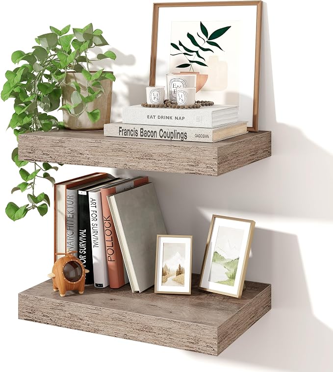 Axeman 16Inch Floating Shelves for Wall, 2 Pack Shelves for Bedroom, Bathroom, Kitchen, Hanging Wall Mounted Rustic Wood Shelf with Invisible Brackets for Books Decor, Grey