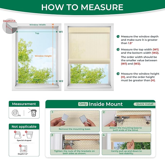 Allesin zen No Drill Cordless Bamboo Roman Shades, Light Filtering 35" W x 64" H, Ivory
