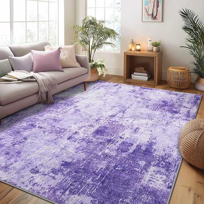 RELEANY Washable Area Rugs 8'x10' Non-Slip Modern Abstract Soft for Living Room Entryway Bedroom Nursery, Print Pattern, Purple Gray Pink White