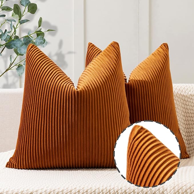 YCOLL Burnt Orange Pillow Covers 26x26 Set of 2 Velvet Striped Pattern - Soft Throw Pillows for Home Decor, Luxury Decorative Pillow Covers for Couch, Bed,Living Room