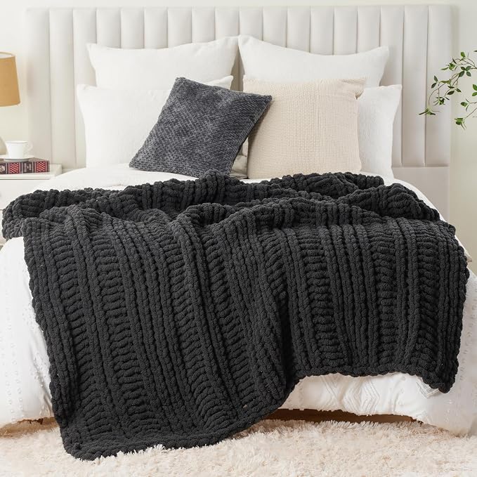Battilo Chunky Knit Throw Blanket for Couch, 50"x60", Charcoal | Hand Knit, Dark Grey Throw Blanket, Cozy Warm Thick Soft Chenille Throw Blanket for Bed, Sofa, Living Room