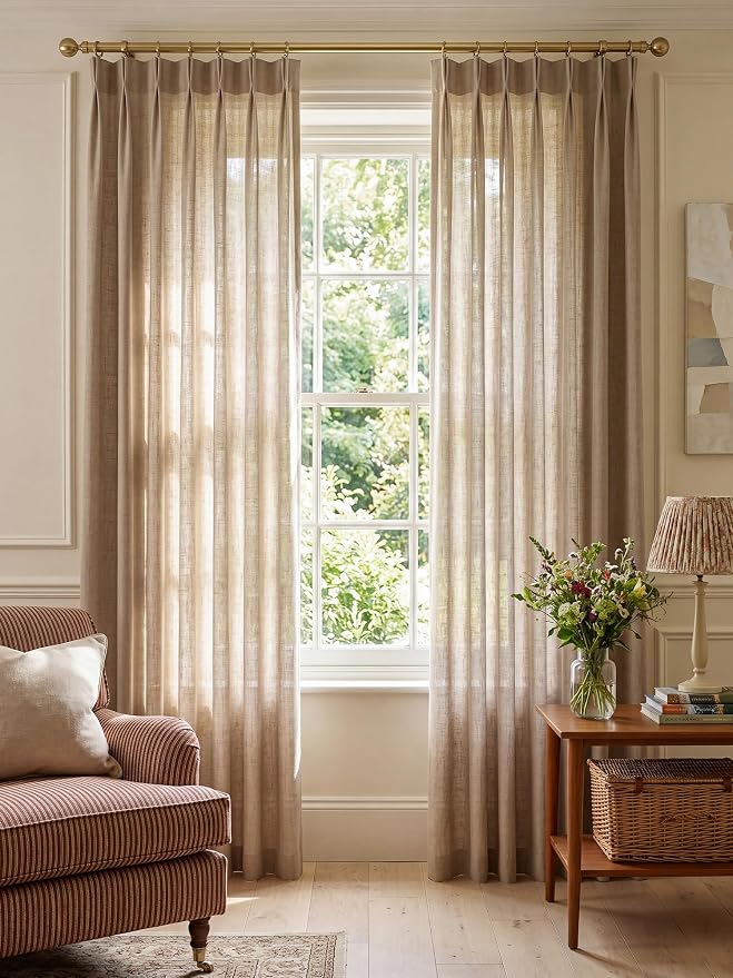 Liz Pinch Pleated Linen Curtains Light Filtering Curtains for Living Room, Farmhouse Window Curtains for Bedroom, Modern Drapes with Hooks and Rings, 95 Inches Long, Taupe Grey, 2 Panels Set