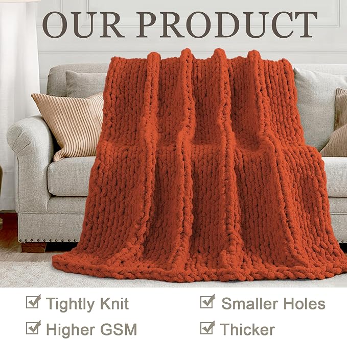 Chunky Knit Throw Blanket 60x80, 100% Handmade Chenille Yarn | 6.7lbs Soft Thick Cable Knitted Blankets, Large Rope Knot Crochet Throws for Couch Sofa Bed Thanksgiving Fall Decor, Rust