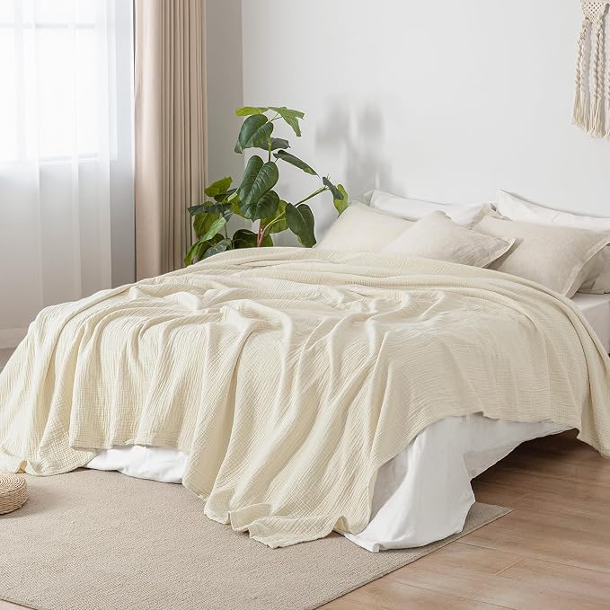 PHF 100% Cotton Muslin Blanket Queen Size 90"x90", 4-Layer Lightweight Gauze Throw, Breathable Cloud-Soft Minimalist Blanket for Bed, Couch, Camping, Birch, Ideal Gift