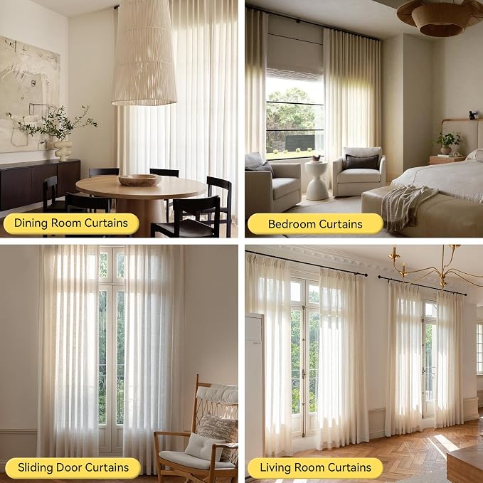 Liz Sheer Pinch Pleated Linen Curtains 102 Inches Long - Light Filtering Pleat Curtains for Living Room, Window Curtains for Bedroom, Luxury Pinch Pleated Drapes with Hooks, Natural, 2 Panels Set