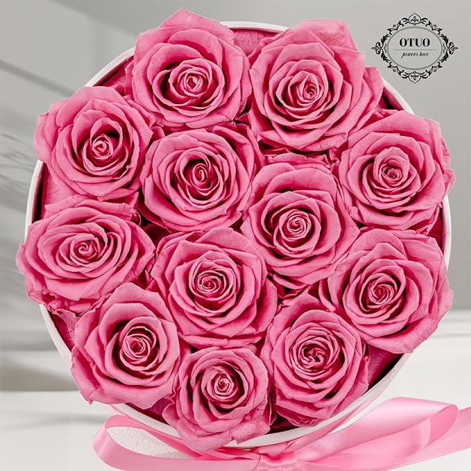 12 Piece Preserved Roses in a Box - Forever Flowers for Delivery Prime, Eternal Roses Mothers Gifts for Mom, Valentine's Day, Wife Anniversary Birthday Gifts for Women(Pink)