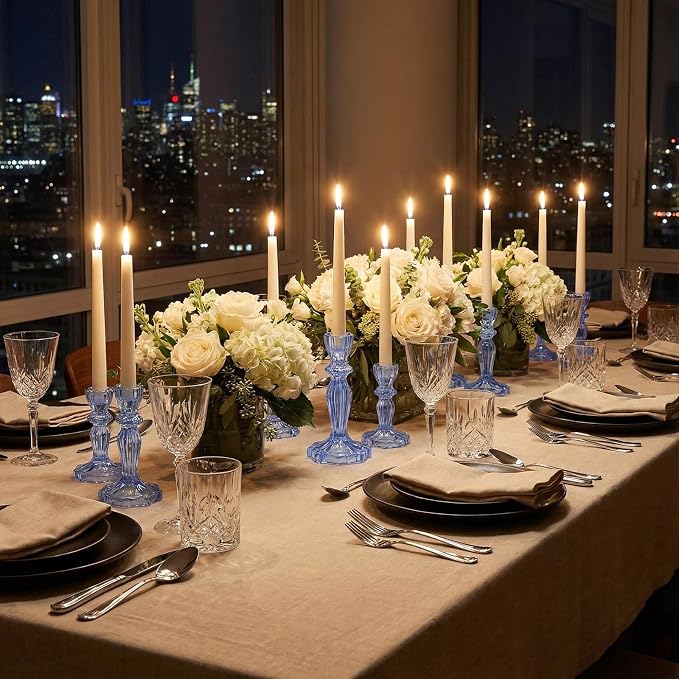24 Pack Glass Candlestick Holders Set 4.3/6.1'' Taper Stripe Candle Holder Bulk Floral Shape Crystal Decorative Candle Stand Centerpiece for Table Wedding Dining (Blue)