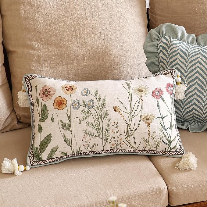 ISAENNE Designer Vintage Linen Throw Pillow Cover,20"x12"-Serenity D | French Elegant Rectangle Decor Pillow Cover,Concealed Zipper Design,Light Beige,Sofa,Bedroom,Living Room,Chairs