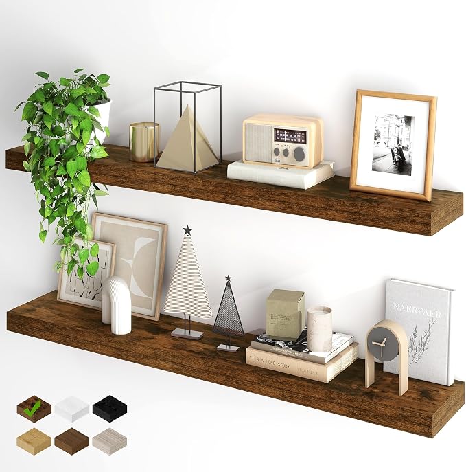 Fun Memories Floating Shelves for Wall, 48Inch Floating Shelves Set of 2, Hanging Shelf with Invisible Brackets, Wood Shelves for Living Room, Bedroom, Kitchen, Brown