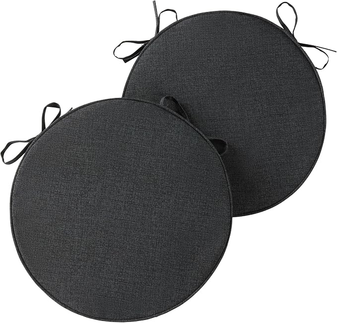 Set of 2 Outdoor 18 inch Round Patio Dining Chair Pads – Comfortable Fiber-Filled Seat Cushions with Ties, Reversible Polyester Fabric, Carbon