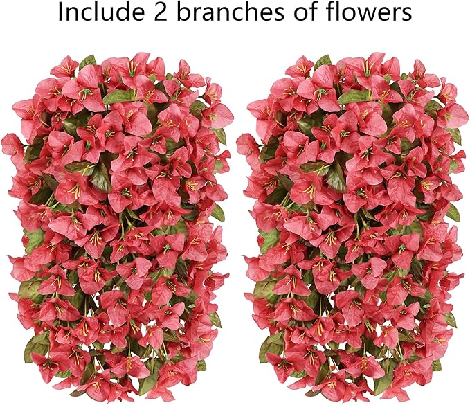 HyeFlora Bougainvillea Artificial Hanging Flowers Plants for Outdoors Decoration, 2pcs Faux Bougainvillea Vines Red Fake Flowers Realistic UV Resistant Silk Flowers for Outside Planter Yard Urn Patio
