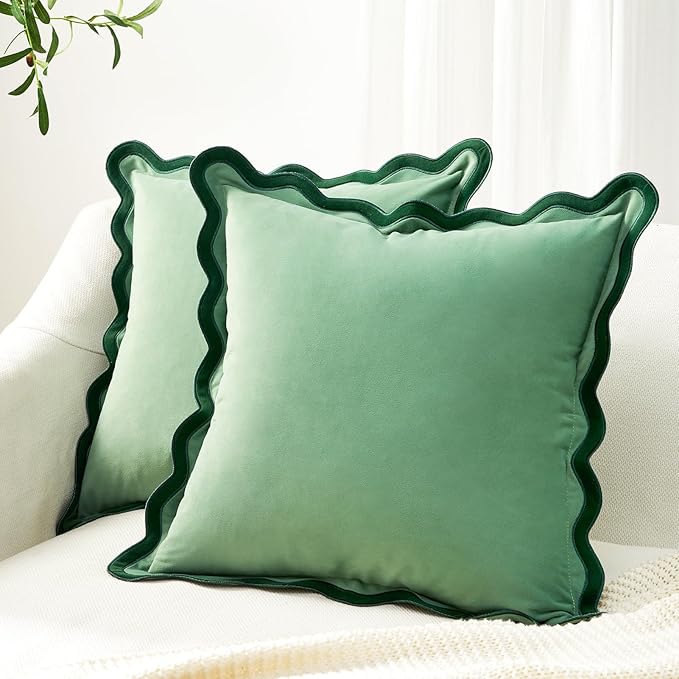 MONDAY MOOSE Decorative Throw Pillow Covers Cushion Cases, Set of 2 Soft Velvet Scalloped Wavy Edge Designs, Mix and Match for Home Decor, Pillow Inserts Not Included (18x18 inch, Green/Light Green)