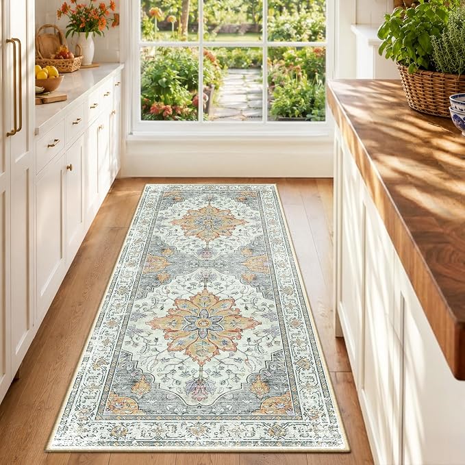 RELEANY Area Rugs Runner 2'x6' Washable Non-Slip, Floral Vintage Distress Medallion Carpet for Kitchen Hallway Bedroom Beside Laundry Room Bathroom, Beige Carbon Grey Orange