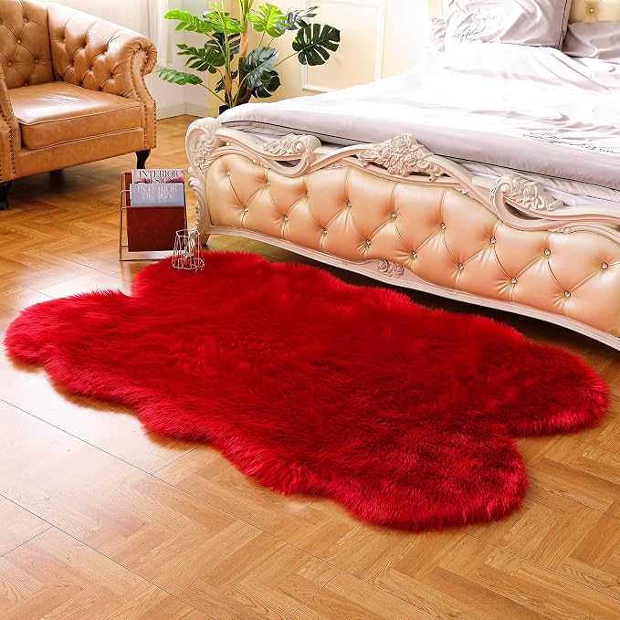 Faux Fur Rug Red Fluffy Sheepskin Area Rug,Ultra Soft Shaggy Plush Rug Bedroom Living Room Sofa Floor Kids Room Bedside（4 x 6 ft Sheepskin）