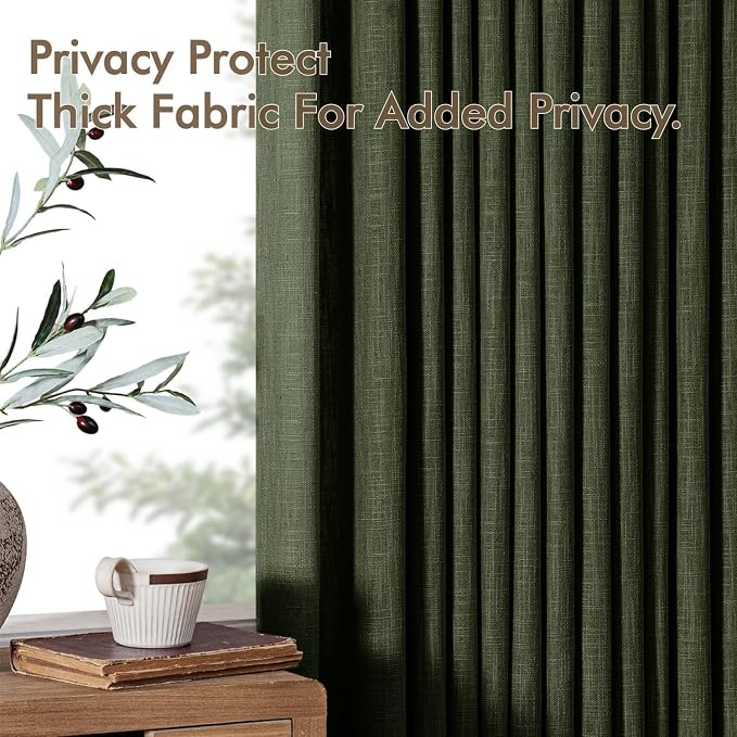 MIULEE Pinch Pleated Thick Linen Curtains 96 Inches Long 2 Panels for Living Room Bedroom, Memory Trained Pleat Drapes Light Filtering Loden Semi Sheer Window Curtains Hooks Rings Back Tab