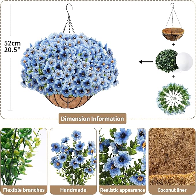 Artificial Hanging Flower for Outdoors, Fake Hanging Basket for Outside,1 Hanging Basket with 13 Pcs Faux Silk Flowers for Porch, Balcony and Patio Decor(Blue)