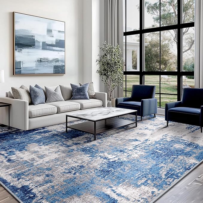 RELEANY Washable Area Rugs 6'x9' Non-Slip Modern Abstract Soft for Living Room Entryway Bedroom Nursery, Print Pattern, Blue Grey Navy Gray