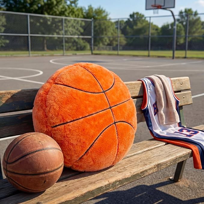 Juexica 18 Inch Basketball Pillow for Boys Room, Soft Plush Basketball Decorative Pillow, Sports Theme Bedroom Decor for Kids Playroom Sofa Bed