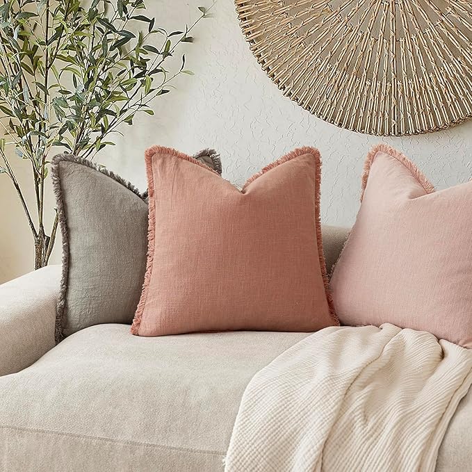 Foindtower Set of 2 Decorative Linen Fringe Throw Pillow Covers Cozy Boho Farmhouse Cushion Cover with Tassels Soft Accent Pillowcase for Couch Sofa Bed Living Room Home Decor,18×18 Inch,Coral Pink