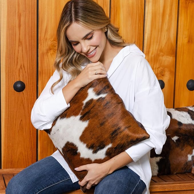 ecowhides 100% Genuine Brazilian Cowhide Pillow Cover – Tricolor, Brown, Black & White – Single-Sided – Luxury Leather Decorative Cushion for Rustic & Western Home Décor – 15” x 15”