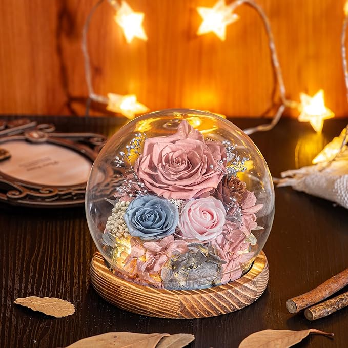 Large Preserved Flowers with Card-Flowers for Delivery Prime,Eternal Rose with Lights,Roses in Glass Dome,Romantic Gift for Her,Decoration, Fresh Rose Flowers for Mom, Birthday, Anniversary(Pink Blue)