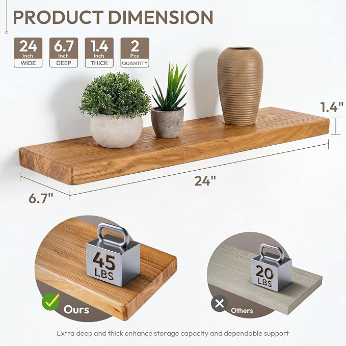 Marsmiles 24 inch Floating Shelves for Wall Solid Elm Wood Shelves|Rustic Wall Mounted Shelves with Heavy-Duty Invisible Bracket for Bathroom Living Room Kitchen|Rounded Edge Design|Natural, 2 Pack