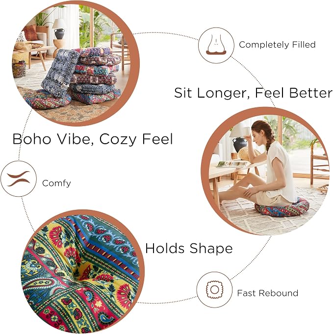 Codi Meditation Floor Pillow, Boho Pillows Seating for Adults and Teens, Large Cushion for Yoga Living Room Tatami Sitting, Memory Foam Added, 22x22 Inch Pack of 2, Round - Multi Blaidiere