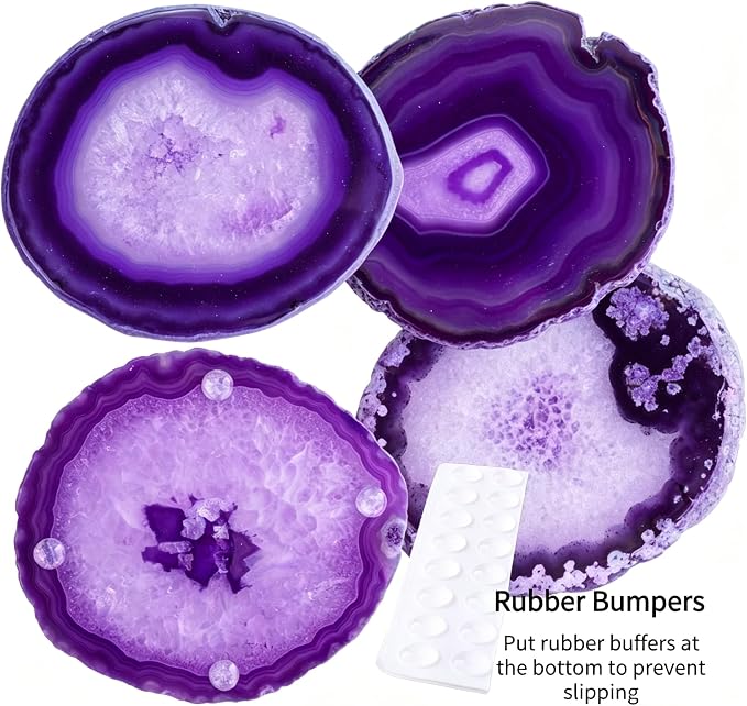 Crystal Cup Mats for Drinks Agate Geode Coaster Set of 4 with Rubber Bumpers 3-4'' Purple Sliced Cup Coaster for Family Bar Party Home Decoration Gift