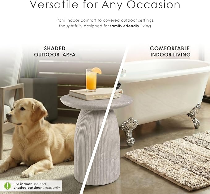 24/7 Shop at Home Ranera Modern 17-inch Natural Stone Side Table with Round Pedestal Base, Marble Nightstand, Fluted Patio End Table, for Living Room, Covered Outdoor Spaces, Light Gray Travertine