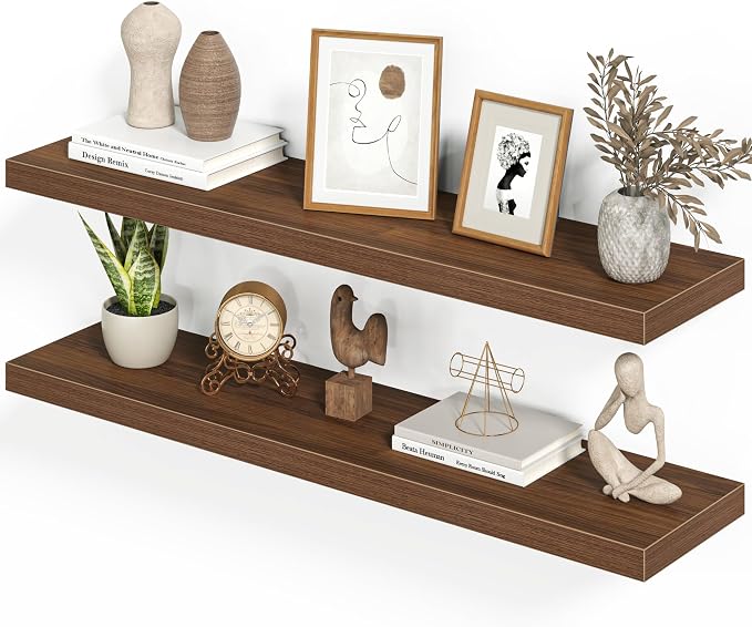 Heimlove 40 Inches Floating Shelves for Wall,9.3" Deep Walnut Long Floating Shelves Set of 2,Large Display Shelf & Storage Shelf,Wall Shelf for Bathroom Bedroom Living Room Kitchen Office