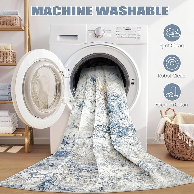 DMOYEST Area Rug Living Room Rugs - 4x6 Abstract Large Soft Indoor Washable Rug Neutral Modern Low Pile Carpet for Bedroom Dining Room Farmhouse Home Office - Blue