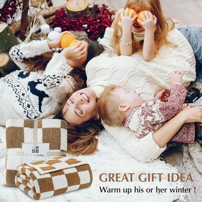 WRENSONGE Soft Twin Size Checkered Blanket for Bed-Cozy Knitted Blankets | Lightweight Fluffy Warm Decor for Women, Mom, Her & Girls, Sofa, Chair, Couch, 60x80in,Burnt Orange