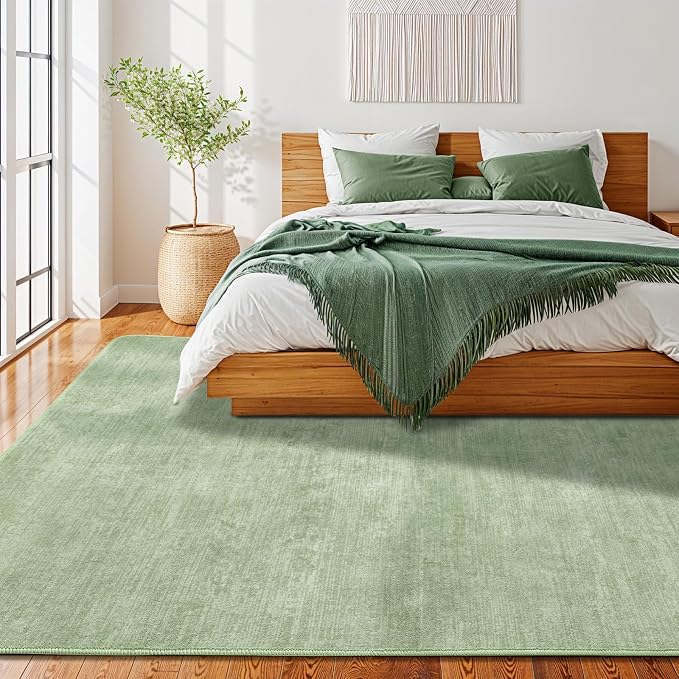 6x9 Washable Area Rug, Green Solid Area Rugs for Living Room & Bedroom | Stain-resistant & Non-slip backing,Low Pile Washable Large Carpet, Solid Vintage Style For High Traffic Areas(6x9,Green)