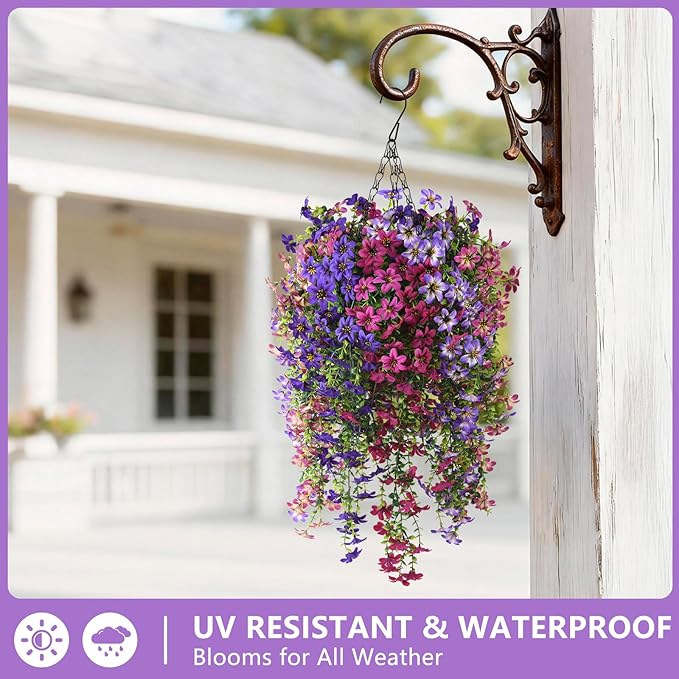 INQCMY Artificial Hanging Flowers Decoration, 8pcs Fake Floral Basket Plants for Outdoor Porch, Faux Shrubs Home Spring Decor UV Resistant Potted Violets for Outside Garden No Fade