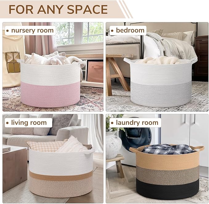 INDRESSME 115L Extra Large Blanket Basket for Apartment Décor, Woven Baby Laundry Hamper Shoe Basekts for Entryway, Wicker Storage Basket for Organizing, Camel Mix & Black