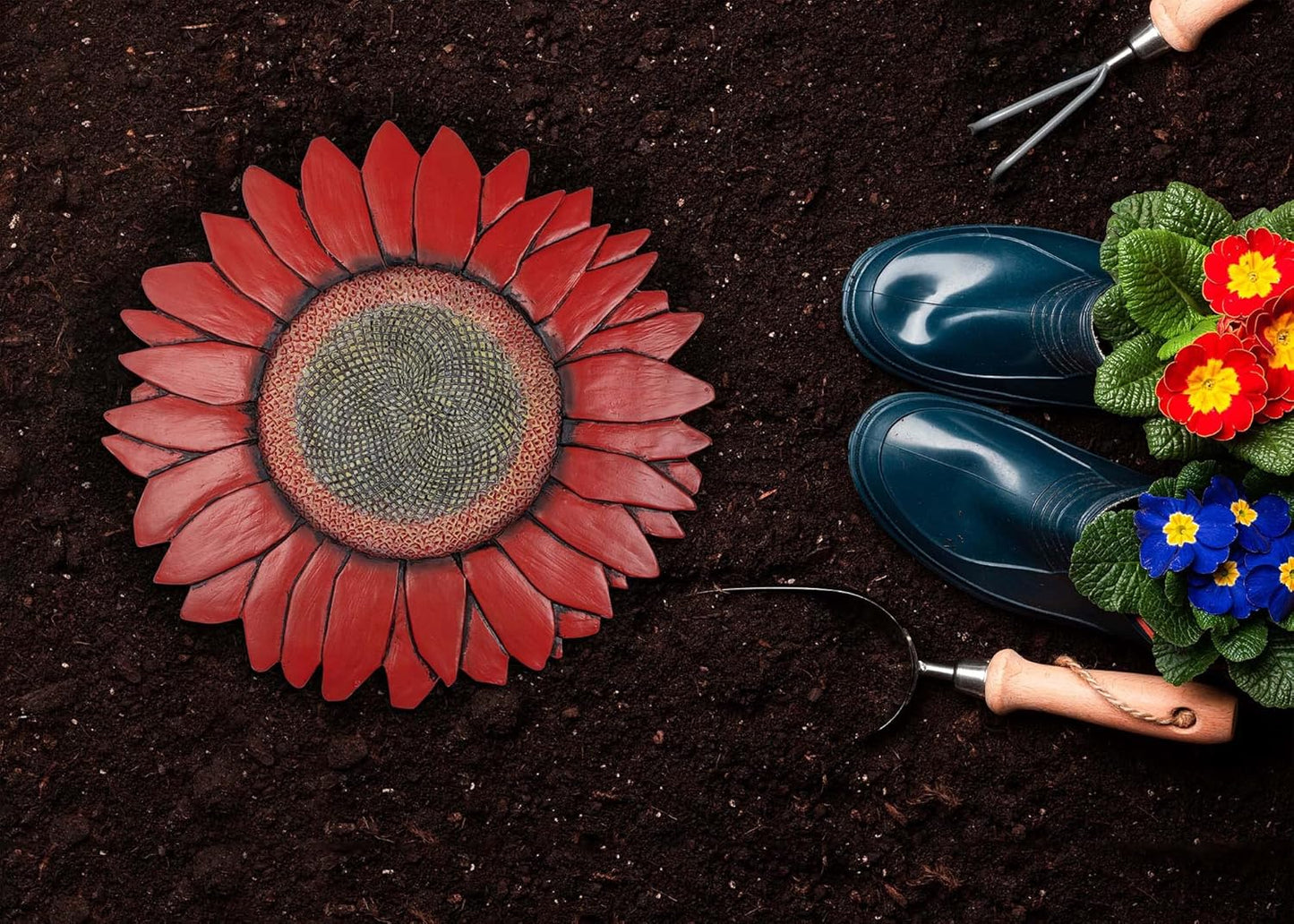 NAT & Jules Sunflower Shaped Dimensional Indoor Outdoor 12 inch Cast Resin Decorative Garden Stepping Stone, Patio, Walkway Sculpture Yard Art, Red