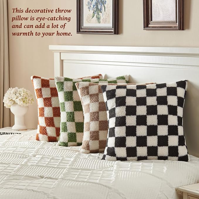 AmHoo Pack of 2 Decorative Throw Pillow Covers Checkerboard Luxury Super Soft Faux Fur Wool Set Case Cushion for Couch Sofa Bedroom 18 x 18-Inch Burnt Orange