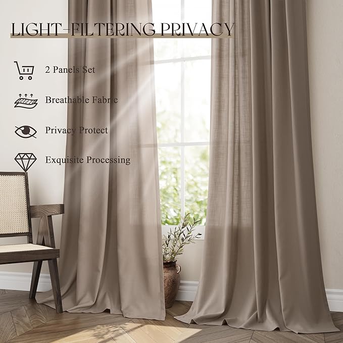 Jowels Dark Taupe Linen Curtains 96 Inch Long 2 Panels for Living Room | Light Filtering Semi Sheer Curtain, Back Tab Pocket Pleated Look, Boho Farmhouse Textured Privacy Drapes for Bedroom Window
