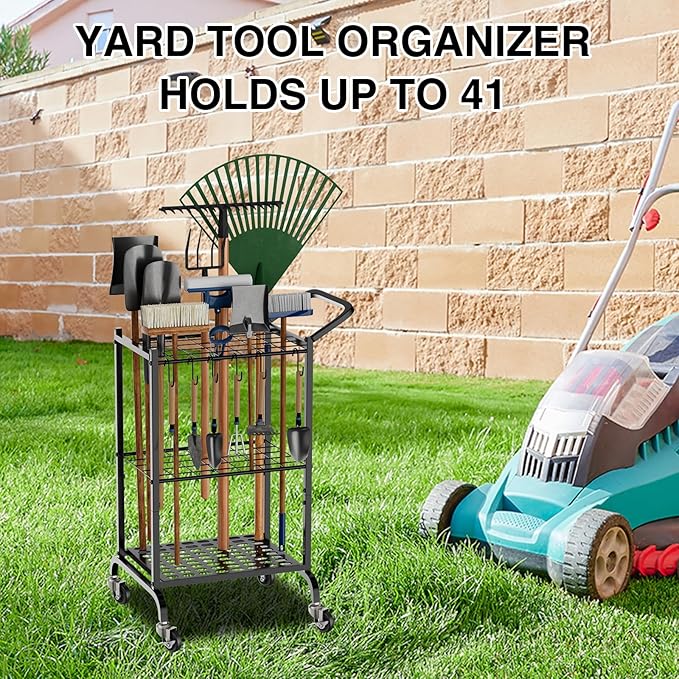 RANXFLOAT Garden Tool Organizer with Wheels, Yard Tool Tower Rack for Garage Organization and Storage, Up to 35 Long-Handled Tools,Metal Tool Holder with 6 Hooks, Black