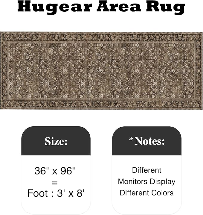 HUGEAR 3x8 Runner Rug Machine Washable Brown Hallway Area Rug Indoor Accent Rugs Floral Low Pile Carpet Soft Throw Rugs Bedroom Living Room Office Dining Kitchen Laundry Non Slip