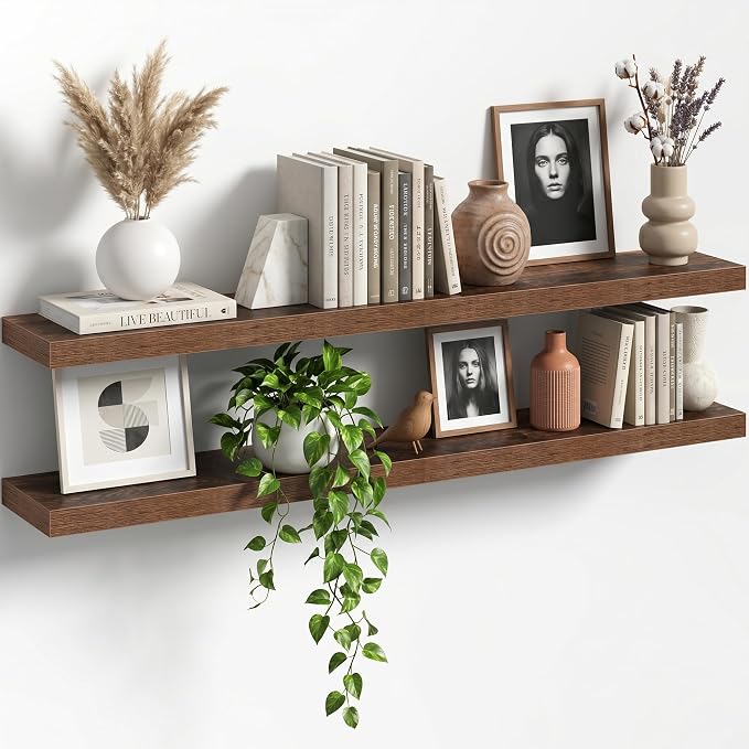 48" Floating Shelves for Wall, Set of 2, 8" Deep, 1.5" Thick, Brown | Rustic Wood Wall Shelves with Invisible Brackets, Storage and Display for Bathroom, Bedroom, Living Room or Kitchen