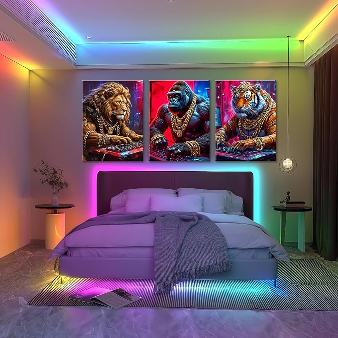Animal & Tech-Inspired Wall Art Prints-Vibrant Tiger,lions Gorilla & Game Design Poster,Cyberpunk neon Electronic Game Style Painting Canvas Picture,for Boy Teen Men Bedroom Playroom, Framed 12X16inX3