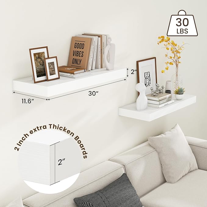 FLYJOE Deep Floating Shelves, 30 Inch White Shelves Set of 2 | 12 Inch Deep Shelves for Wall, 30'' x 12'' Rustic White Wood Shelves for Bathroom Living Room Laundry Room Kitchen