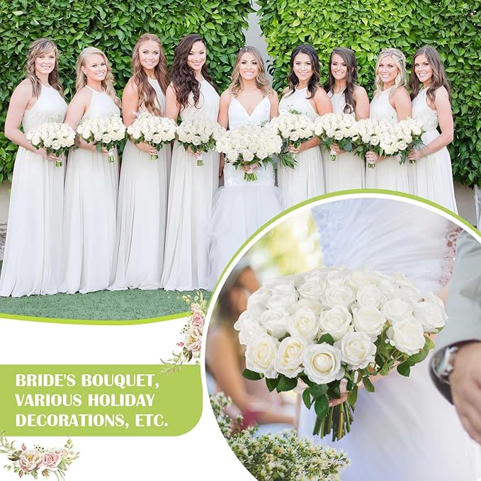 Rowfad 60 Pcs Artificial Roses Bulk Velvet Silk White Roses White Roses for Wedding Centerpieces Bridal Bouquet Mohter's Day Valentine's Day Home Decor (60, White)