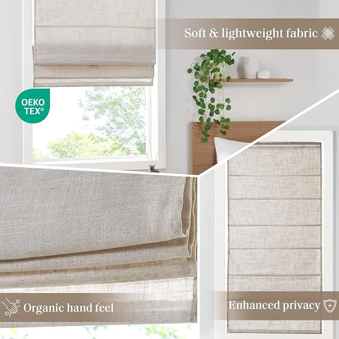 Madison Park Kyler Cordless Roman Shades - Single Panel, Lightweight Linen Blend Fabric, Natural Design, Easy Installation, Light Filtering Window Blind, Bedroom, Living Room Decor 27"W x 64"H Natural